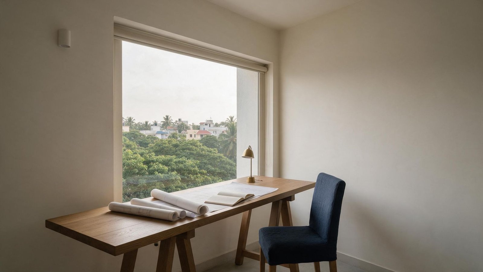 Working desk with site drawings over the Bengaluru tree canopy